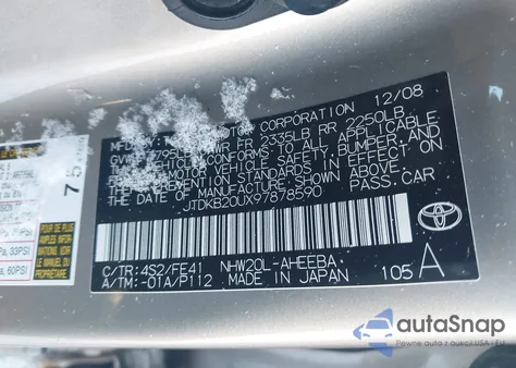 2009 Toyota Prius from USA, damaged, VIN JTDKB20UX97878590